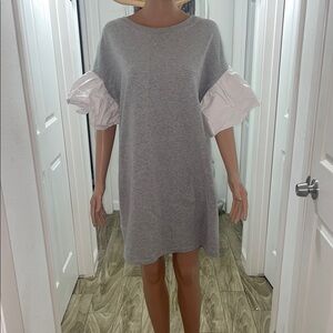 Gray and White Crew Neck Puff Sleeve Dress for Work